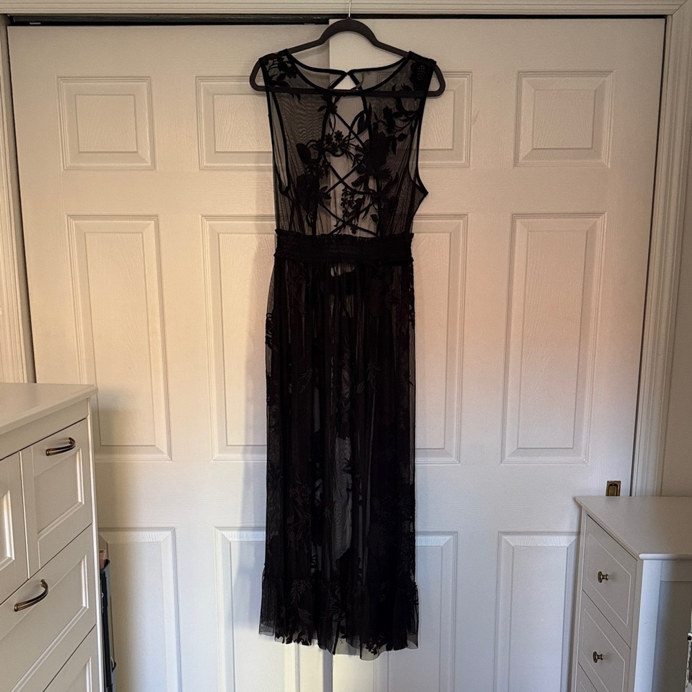 Anthropologie Black Embroidered Mesh Maxi Dress Sheer Floral Cover-Up XL